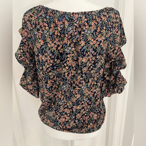 Cece Navy Floral Off Shoulder Elastic Tie Blouse Sz S *P14 - Picture 2 of 2